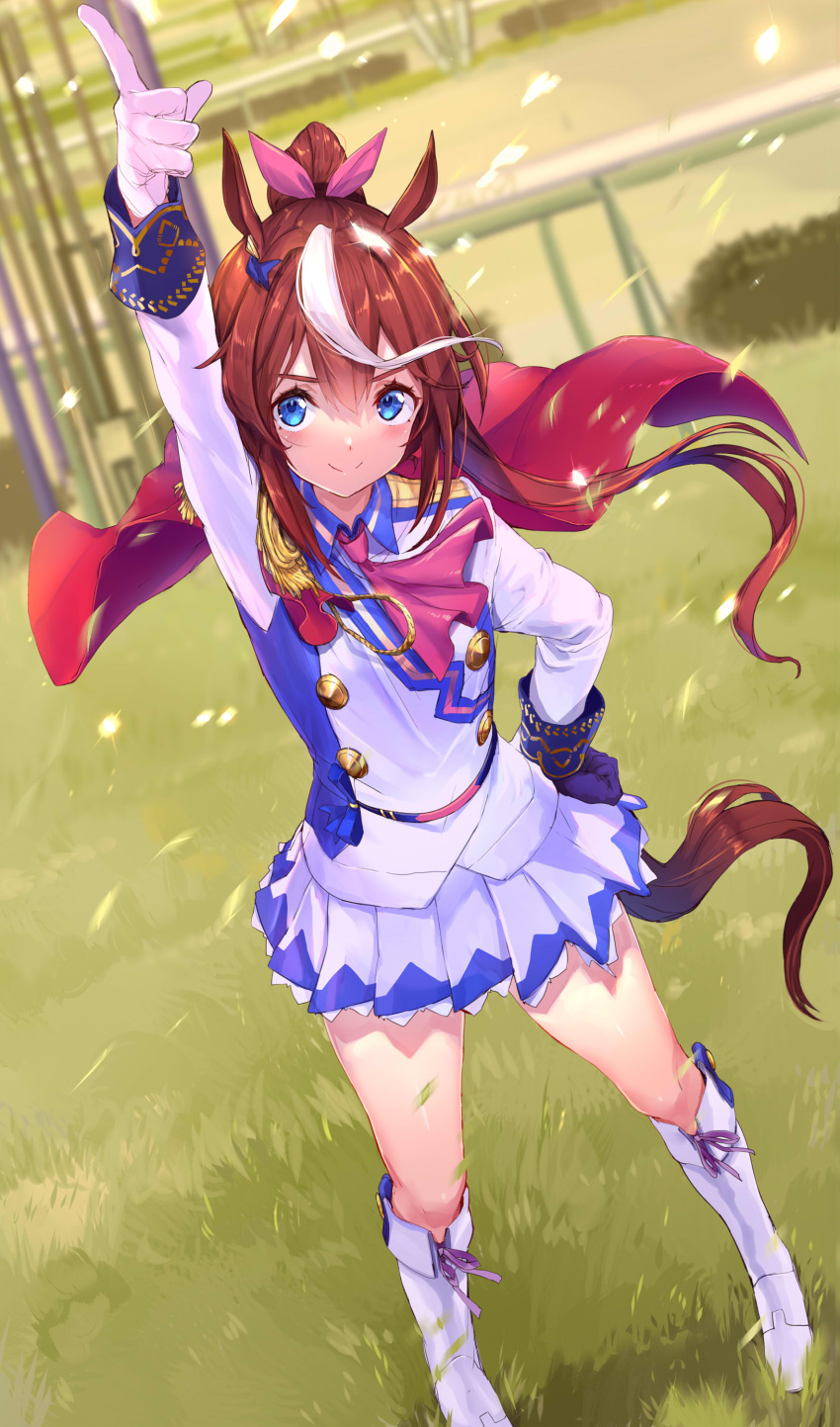 1girl absurdres akasaai animal_ears arm_up ascot bangs black_gloves blue_eyes blue_jacket blue_skirt blush boots brown_hair buttons cape closed_mouth double-breasted dutch_angle epaulettes gloves grass hair_between_eyes hair_flaps hand_on_hip high_ponytail highres horse_ears horse_girl horse_tail jacket knee_boots long_hair long_sleeves looking_at_viewer miniskirt mismatched_gloves multicolored_hair outdoors pink_neckwear pleated_skirt pointing pointing_up ponytail red_cape skirt sleeves_folded_up smile solo tail thighs tokai_teio_(umamusume) two-tone_hair two-tone_jacket two-tone_skirt umamusume white_footwear white_gloves white_hair white_jacket white_skirt