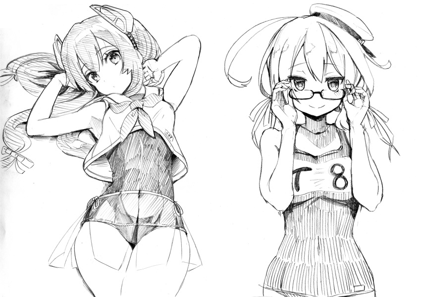 2girls ahoge bangs breasts closed_mouth eyebrows_visible_through_hair glasses hair_between_eyes hair_ribbon hat headgear highres i-47_(kancolle) i-8_(kancolle) kantai_collection large_breasts lineart long_hair low_twintails medium_breasts multiple_girls neckerchief one-piece_swimsuit ribbon sailor_collar sailor_hat school_swimsuit see-through see-through_skirt simple_background skirt smile swimsuit swimsuit_under_clothes traditional_media tsuji_kazuho twintails