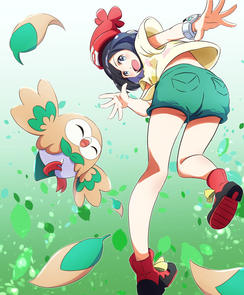1girl :d absurdres beanie black_hair blush boots bracelet commentary_request feathers floral_print gen_7_pokemon green_shorts grey_eyes hat highres jewelry looking_at_viewer looking_back negimiso1989 open_mouth pokemon pokemon_(creature) pokemon_(game) pokemon_sm red_footwear red_headwear rowlet selene_(pokemon) shirt shorts smile spread_fingers starter_pokemon tied_shirt tongue yellow_shirt z-ring