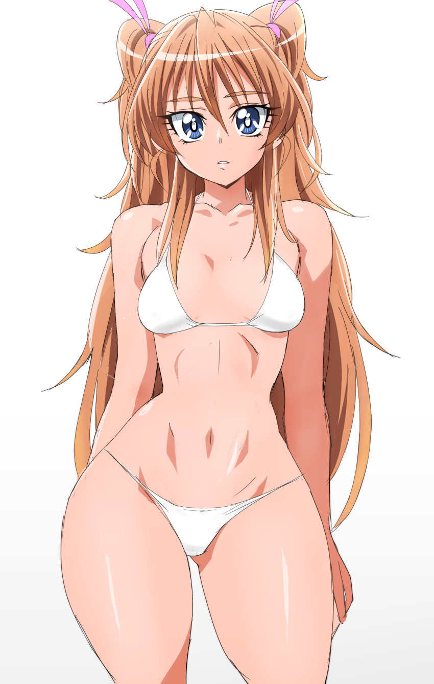 1girl absurdres bikini blue_eyes breasts brown_hair highres houjou_hibiki long_hair looking_at_viewer manji_(tenketsu) parted_lips precure simple_background small_breasts solo suite_precure swimsuit two_side_up white_background white_bikini wide_hips