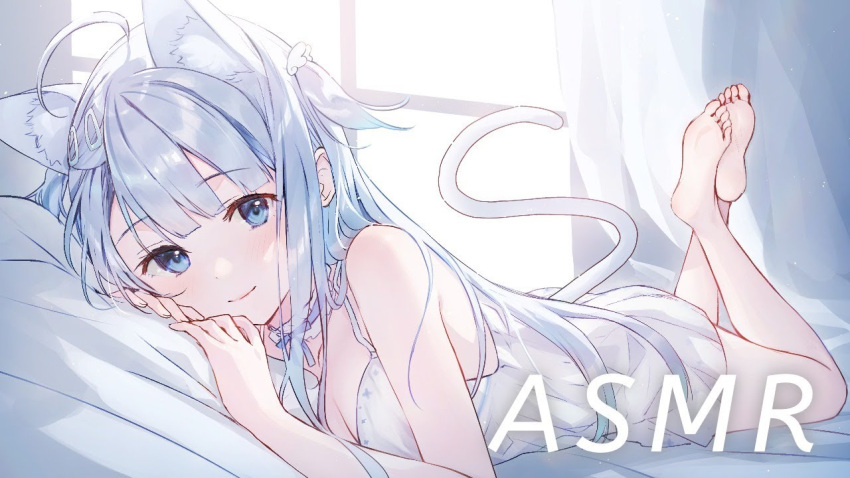 ahoge amatsuka_uto angel animal_ears barefoot bed blue_eyes blue_hair cat_ears cat_tail curtains lying pillow second-party_source smile sunlight tail virtual_youtuber weee_(raemz) window