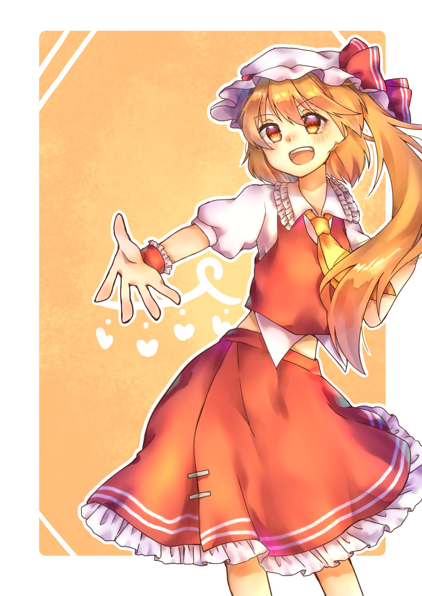 1girl absurdres aiko_ichigocchi ascot bangs blonde_hair blunt_bangs collar crystal fang flandre_scarlet frilled_collar frilled_cuffs frilled_sleeves frills hat highres looking_at_viewer mob_cap one_side_up open_mouth puffy_short_sleeves puffy_sleeves red_eyes red_vest short_hair short_sleeves side_ponytail skirt skirt_set touhou upper_body vest white_background wings wrist_cuffs