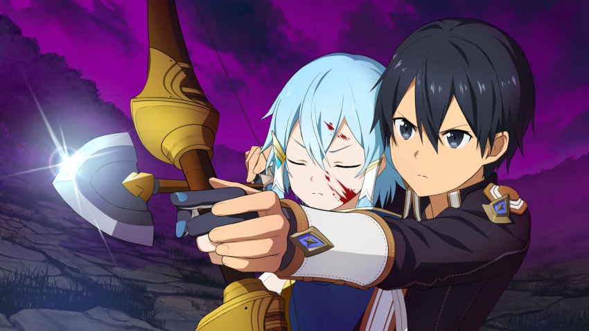 1boy 1girl black_eyes black_hair black_jacket blood blood_on_face blue_hair bow_(weapon) closed_eyes closed_mouth game_cg hair_tubes hand_on_hand highres holding holding_bow_(weapon) holding_weapon jacket kirito long_sleeves official_art outdoors purple_sky shiny shiny_hair short_hair sinon_(solus) sword_art_online:_lycoris upper_body v-shaped_eyebrows weapon
