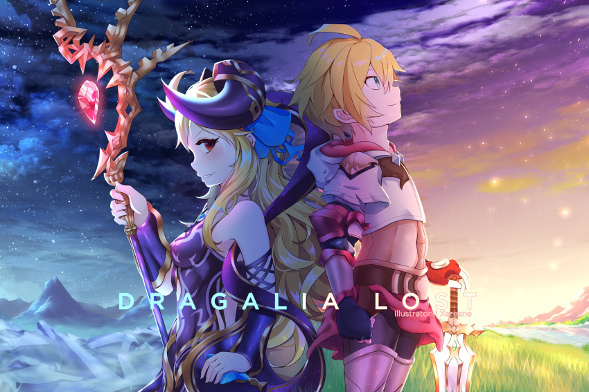 1girl absurdres alternate_costume alternate_eye_color alternate_weapon armor back-to-back bare_shoulders blonde_hair blue_eyes blush corruption crown crystal dark_persona dawn day day_and_night dragalia_lost euden evil_smile gloves glowing grass hair_ribbon hand_on_hip highres holding holding_staff holding_sword holding_weapon horns long_hair long_sleeves looking_back looking_up morsayati mountain night night_sky possessed red_eyes ribbon river short_hair sky smile snow staff standing star_(sky) starry_sky sword weapon xereane zethia