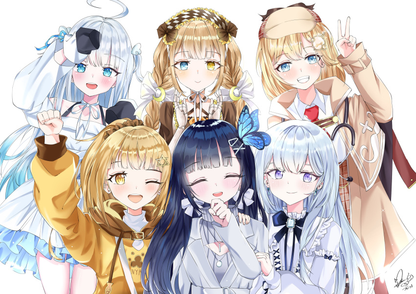 5girls :d ^_^ absurdres ahoge amatsuka_uto angel_wings aosai_nabi apron bag bangs black_footwear black_hair blonde_hair blue_eyes blue_hair blunt_bangs blush bow bow_earrings braid brown_hair bug butterfly butterfly_hair_ornament capelet cleavage_cutout closed_eyes clothing_cutout commentary creator_connection detached_sleeves detective dip-dyed_hair doll_joints dress earrings english_commentary eyebrows_visible_through_hair frilled_legwear frills full_body grey_skirt grey_sweater grin hair_ornament hairband hairclip halter_dress halter_top halterneck hat heterochromia hexagram_hair_ornament highres holding_hands hololive hololive_english hood hoodie indie_virtual_youtuber insect jewelry joints lolita_fashion lolita_hairband long_hair long_sleeves looking_at_viewer maesond mini_necktie monocle_hair_ornament multiple_girls off-shoulder_dress off_shoulder open_hands open_mouth plaid plaid_apron plaid_skirt ponytail red_neckwear ribbon sandwiched shiratori_rena shirt shorts silver_dress silver_hair silver_jacket simple_background skirt smile solo straight-on striped striped_legwear sweater tomo_(maesond) trait_connection transparent_background twin_braids twintails upper_body v virtual_youtuber voice-ore watson_amelia white_background white_shirt wing_hair_ornament wings yellow_eyes zikryzero