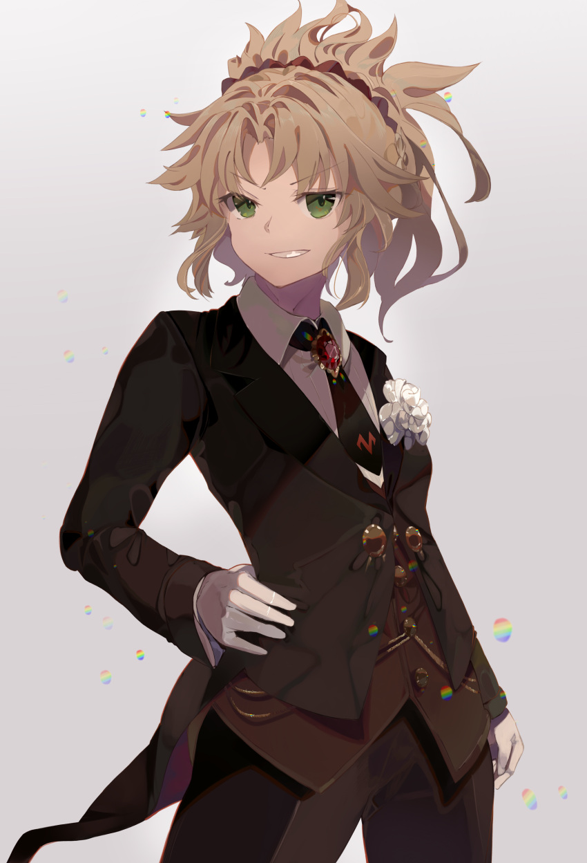 1girl absurdres blonde_hair fate/apocrypha fate/grand_order fate_(series) gloves green_eyes hair_intakes hand_on_hip heroic_spirit_formal_dress highres long_hair looking_at_viewer mordred_(fate) mordred_(fate)_(all) necktie ponytail revision same_(sendai623) scrunchie smirk solo standing tuxedo white_gloves wind