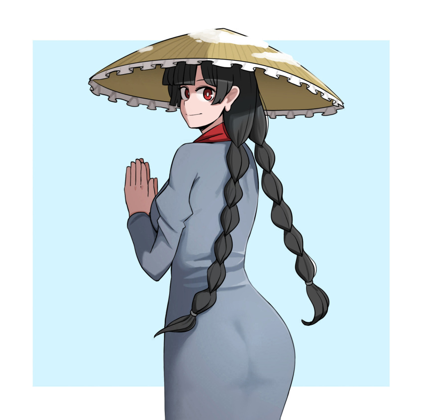 1girl ajirogasa ass bangs black_hair blue_background braid cowboy_shot dress earlobes english_commentary grey_dress hands_together hat highres long_hair long_sleeves looking_at_viewer looking_back mata_(matasoup) palms_together red_eyes red_neckwear simple_background smile snow solo touhou twin_braids two-tone_background white_background yatadera_narumi