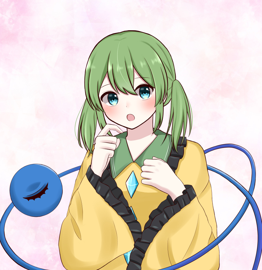 1girl :o absurdres alternate_hairstyle bangs blouse blue_eyes blush breasts commentary_request eyeball eyebrows_visible_through_hair frilled_shirt_collar frills green_hair hands_up highres komeiji_koishi long_hair long_sleeves looking_at_viewer no_hat no_headwear open_mouth pink_background piyoru_nico simple_background small_breasts solo third_eye touhou twintails upper_body wide_sleeves yellow_blouse