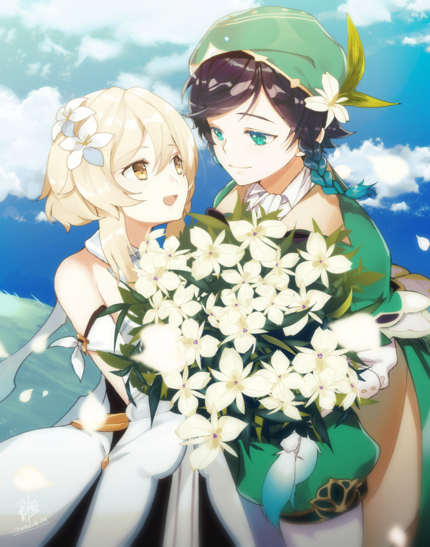 1boy 1girl :d bangs bare_shoulders beret black_hair blonde_hair blue_eyes blue_hair braid cape closed_mouth clouds collared_cape collared_shirt commentary_request couple cowboy_shot dated day detached_sleeves dress eye_contact eyebrows_visible_through_hair feathers flower genshin_impact gradient_hair grass green_eyes green_headwear green_shorts hair_between_eyes hair_feathers hair_flower hair_ornament hat hat_flower highres holding holding_flower long_sleeves looking_at_another lumine_(genshin_impact) multicolored_hair open_mouth pantyhose petals shirt short_hair short_hair_with_long_locks shorts side_braids sidelocks signature sleeveless sleeveless_dress smile standing twin_braids venti_(genshin_impact) white_dress white_flower white_legwear white_shirt white_sleeves yellow_eyes yomogi_tanuki