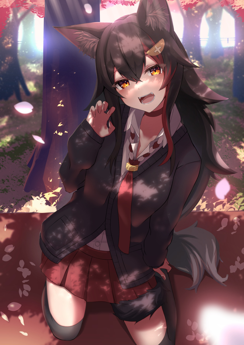 1girl :d absurdres animal_ear_fluff animal_ears black_hair black_legwear breasts cardigan cherry_blossoms claw_pose dress_shirt fangs hanami highlights highres hololive inaba_teitoku kneeling long_hair long_sleeves looking_at_viewer miniskirt multicolored_hair necktie ookami_mio open_mouth orange_eyes petals pleated_skirt redhead shadow shirt skirt smile tail thigh-highs tree tree_shade uniform virtual_youtuber wolf_ears wolf_girl wolf_tail zettai_ryouiki