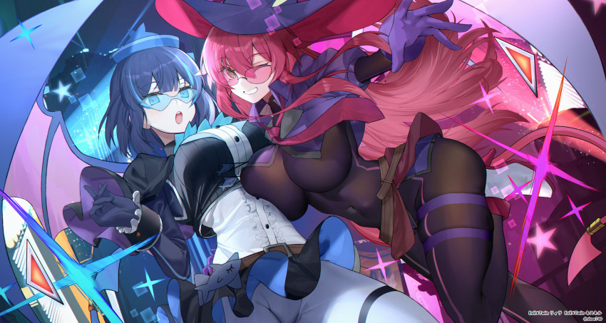 2girls bangs black_bodysuit black_capelet black_gloves black_hair black_skirt black_vest blue_hair blue_headwear blunt_bangs bodysuit breasts capelet center_frills character_name covered_navel cowboy_shot cropped_jacket duel_monster eyebrows_visible_through_hair frills glasses gloves green_eyes grin hair_between_eyes hair_ornament hat high_heels highres holographic_interface jacket kisikil_(yu-gi-oh!) large_breasts large_hat lilla_(yu-gi-oh!) live_twin long_hair looking_at_viewer multicolored_hair multiple_girls necktie one_eye_closed open_mouth pantyhose pink_hair purple_gloves purple_jacket red_neckwear red_skirt shirt short_hair sidelocks skindentation skirt smile standing standing_on_one_leg streaked_hair teeth thigh_strap tinted_eyewear twitter_username two-tone_hair upper_teeth upskirt vest white_footwear white_legwear white_shirt winged_hat wings wrist_cuffs xiujia_yihuizi yu-gi-oh!