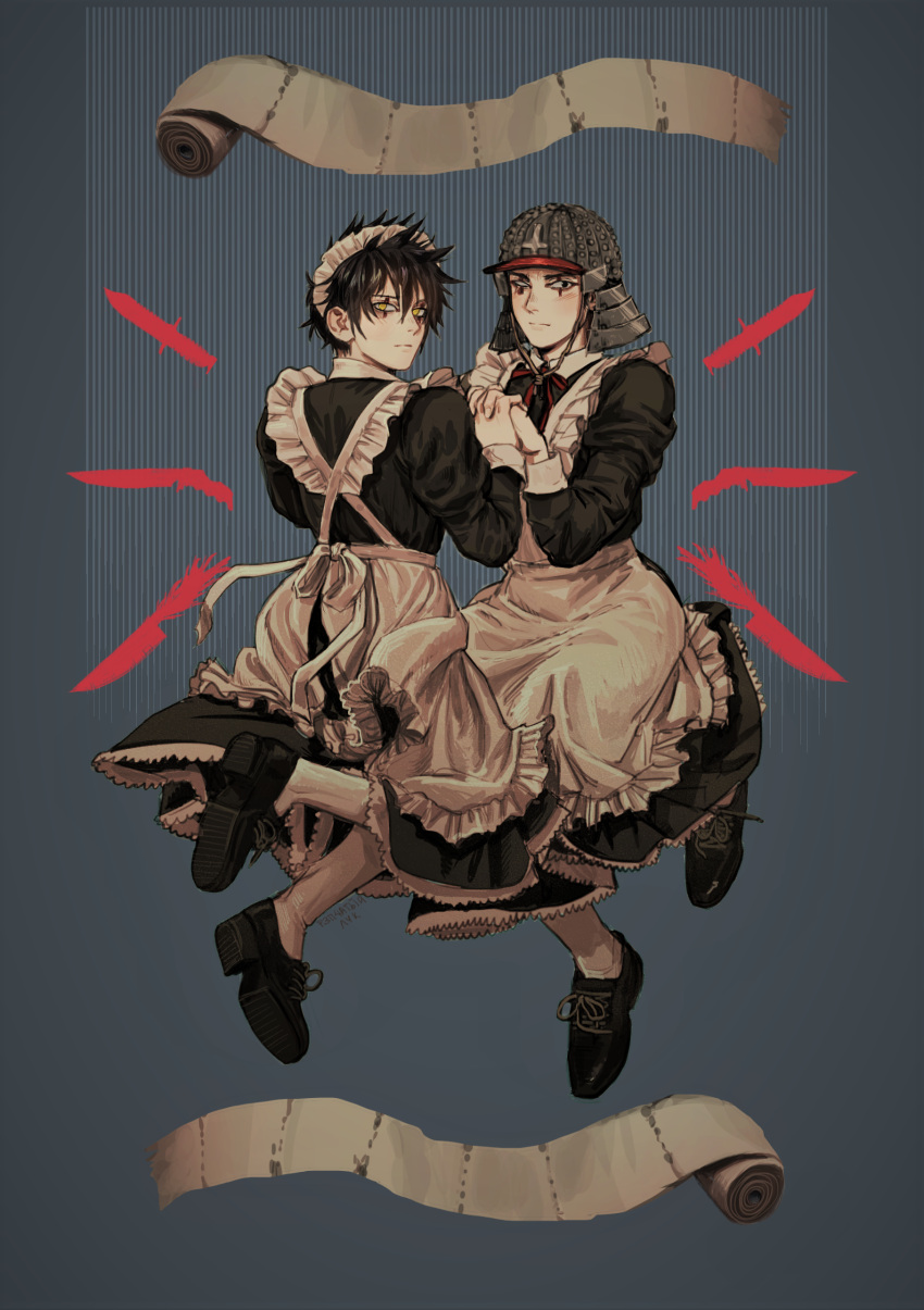 2boys absurdres alternate_costume artist_name bandages black_eyes black_footwear black_hair blush closed_mouth combat_knife cross dokuga dorohedoro enmaided facial_mark helmet highres holding_hands inverted_cross knife looking_at_viewer maid maid_headdress male_focus multiple_boys neck_ribbon no_pupils r3p4aty_bow red_ribbon ribbon scar scar_across_eye signature silhouette weapon yellow_eyes