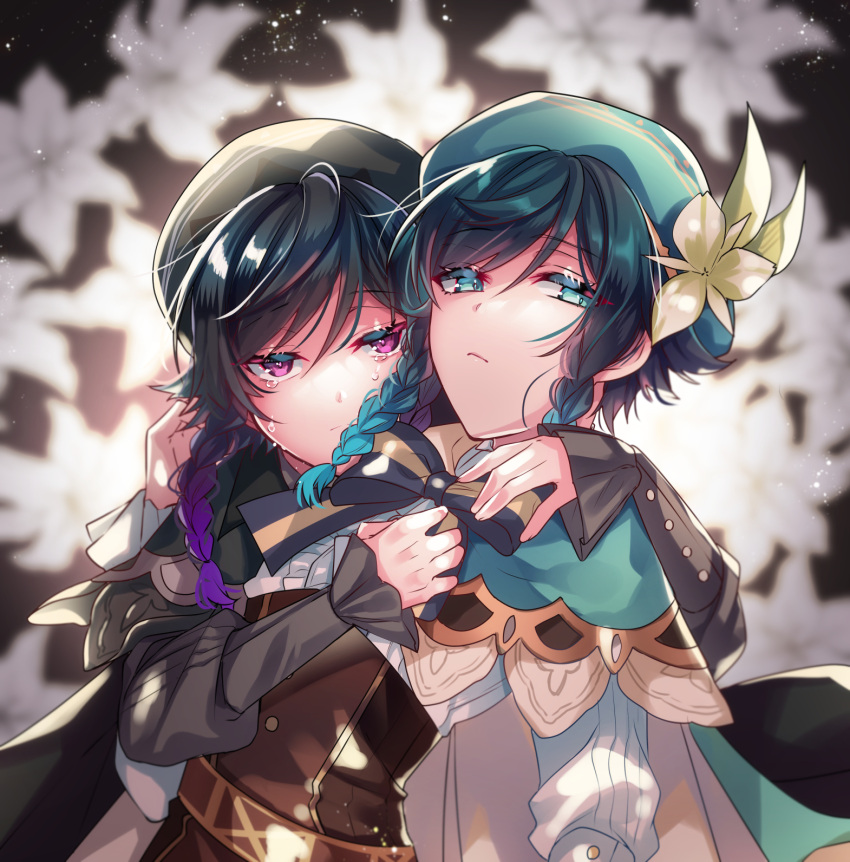 2boys androgynous bangs beret black_hair black_shirt blue_hair blurry blurry_background bow braid cape collared_cape commentary_request corset crying crying_with_eyes_open dark_persona dual_persona eyebrows_visible_through_hair flower frilled_sleeves frills genshin_impact gradient_hair green_eyes green_headwear hat hat_flower highres hug kokuchuutei leaf ligton1225 long_sleeves looking_at_viewer male_focus multicolored_hair multiple_boys purple_hair shirt short_hair_with_long_locks tears twin_braids venti_(genshin_impact) violet_eyes white_flower white_shirt