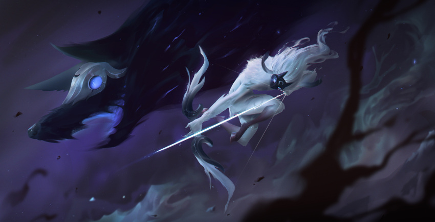 1boy 1girl arrow_(projectile) bcopy blurry blurry_foreground bow bow_(weapon) branch highres holding holding_arrow holding_bow_(weapon) holding_weapon kindred_(league_of_legends) lamb_(league_of_legends) league_of_legends long_hair mask open_mouth weapon wolf_(league_of_legends)