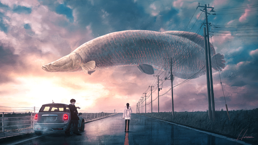 1boy 1girl animal arapaima black_hair car clouds cloudy_sky fish floating ground_vehicle highres hipy_(image_oubliees) horizon long_hair motor_vehicle original outdoors oversized_animal power_lines road scales short_hair sky smoke surreal twilight