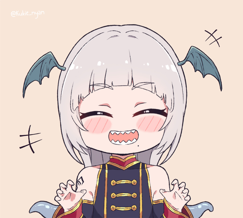 +++ :d ^_^ bangs bare_shoulders blunt_bangs blush_stickers chibi claw_pose closed_eyes commentary detached_sleeves english_commentary eyebrows_visible_through_hair head_wings indie_virtual_youtuber kukie-nyan long_hair mole mole_under_mouth open_mouth pochimaru_(vtuber) sharp_teeth silver_hair smile teeth tentacle_hair thick_eyebrows twitter_username virtual_youtuber