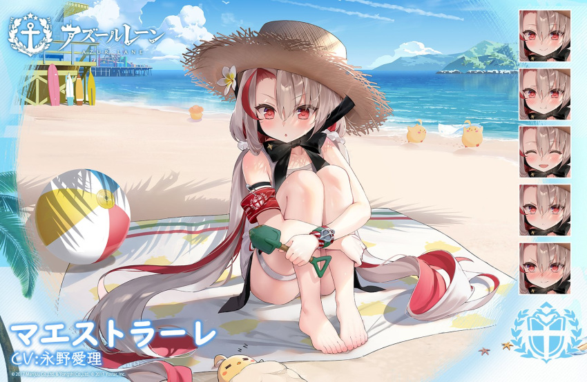 1girl :o artist_request azur_lane bangs bare_shoulders barefoot beach commentary_request expressionless flower hair_between_eyes hat leg_hug looking_at_viewer maestrale_(azur_lane) manjuu_(azur_lane) multicolored_hair ocean official_alternate_costume official_art outdoors promotional_art red_eyes redhead sardegna_empire_(emblem) shovel silver_hair sitting straw_hat streaked_hair swimsuit thigh_strap watermark