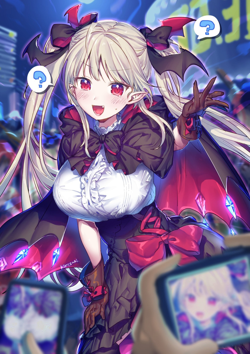 1girl 2others ? bat_hair_ornament black_skirt blonde_hair blush brown_gloves cape cellphone eyebrows_visible_through_hair fang frilled_shirt frills gloves hair_ornament hair_ribbon high-waist_skirt highres kirisaki_shuusei long_hair looking_at_viewer multiple_others night night_sky open_mouth original phone red_eyes ribbon shirt skirt sky smartphone spoken_question_mark taking_picture v-shaped_eyebrows vampire white_shirt