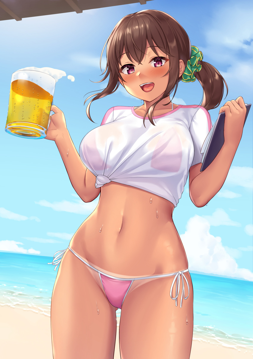 1girl :d absurdres alcohol bangs beach beer beer_mug bikini bikini_under_clothes blue_sky blush breasts brown_hair clipboard clouds collarbone commentary_request cowboy_shot crossed_bangs cup day eyebrows_visible_through_hair floating_hair green_scrunchie groin hair_between_eyes hair_ornament hair_scrunchie highres holding holding_clipboard holding_cup large_breasts long_hair looking_at_viewer midriff mug navel ocean open_mouth original outdoors pink_bikini ponytail red_eyes sawada_yuusuke scrunchie second-party_source see-through shirt side-tie_bikini sky smile solo standing sweat swimsuit tan tanline tied_shirt upper_teeth wet wet_clothes wet_shirt white_shirt