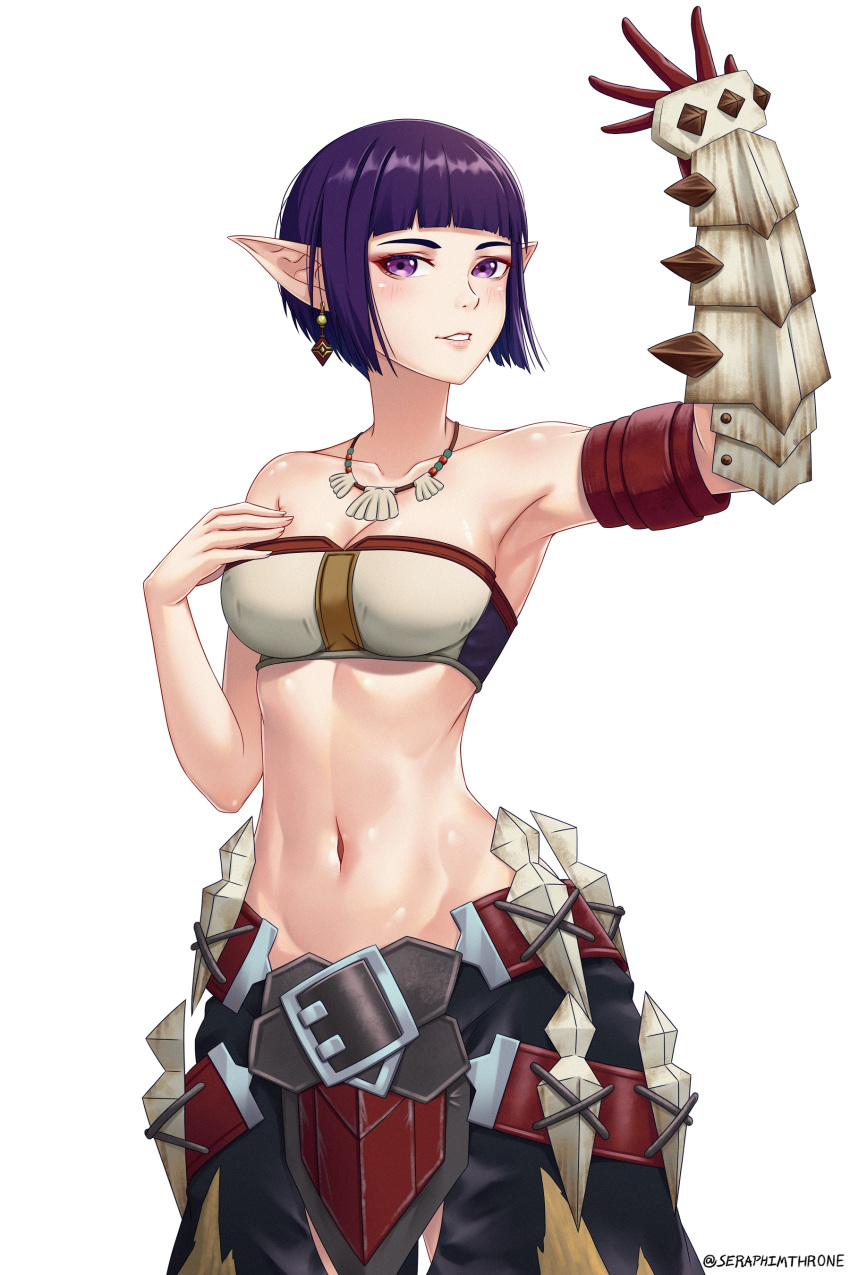 1girl absurdres arm_up artist_name bangs belt blunt_bangs breasts brown_gloves collarbone cowboy_shot earrings gloves hand_up highres jewelry kunai medium_breasts monster_hunter_(series) monster_hunter_rise navel necklace original parted_lips pointy_ears red_belt seraphim_throne shell_necklace shiny shiny_skin short_hair simple_background single_glove solo stomach violet_eyes weapon white_background