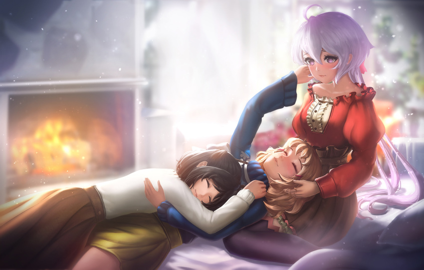 black_hair brown_hair closed_eyes fireplace gatery hair_ribbon highres kohinata_miku polyamory ribbon senki_zesshou_symphogear sleeping smile tachibana_hibiki_(symphogear) thigh-highs violet_eyes white_hair yukine_chris yuri