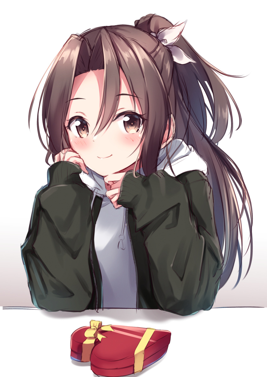 1girl absurdres alternate_costume bangs blush box brown_eyes brown_hair elbow_rest eyebrows_visible_through_hair hair_between_eyes hair_ribbon heart-shaped_box high_ponytail highres hood hood_down hooded_jacket hoodie jacket kantai_collection long_hair long_sleeves looking_at_viewer miso_(misomiso_154) ponytail ribbon sidelocks simple_background smile solo upper_body zuihou_(kancolle)