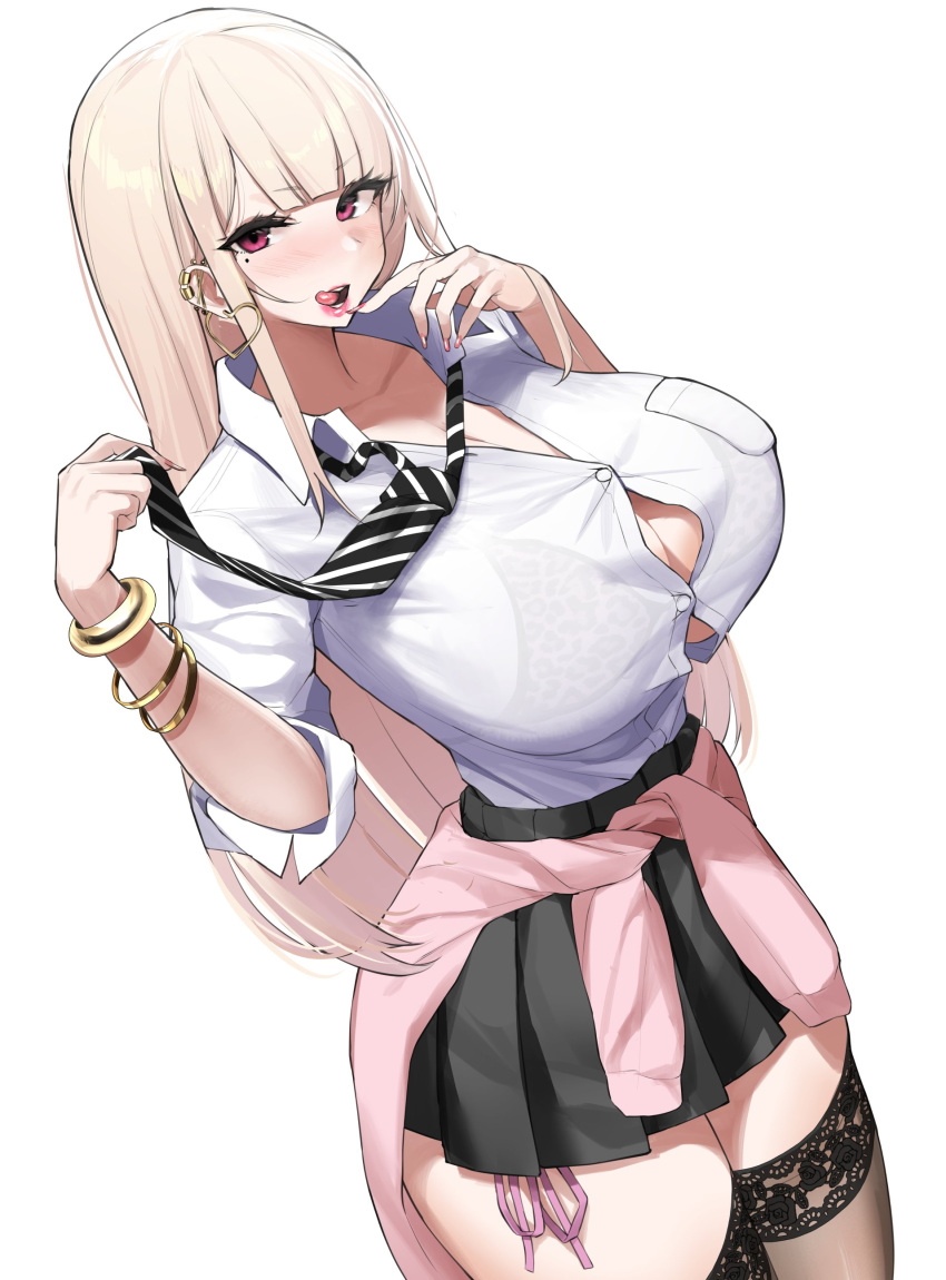 :q absurdres black_legwear black_skirt blonde_hair bracelet breasts button_gap cardigan cardigan_around_waist clothes_around_waist earrings heart heart_earrings highres jewelry large_breasts long_hair looking_at_viewer mole mole_under_eye nanae original red_eyes shirt simple_background skirt thigh-highs tongue tongue_out white_background white_shirt