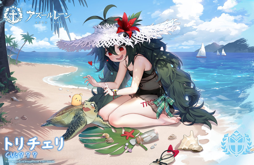1girl azur_lane bare_shoulders beach bikini black_bikini blush boat bow byulzzi clouds day flower hat hat_flower heart long_hair looking_at_viewer manjuu_(azur_lane) mountain ocean official_alternate_costume official_art open_mouth outdoors palm_tree promotional_art red_bow red_eyes red_flower sandals sardegna_empire_(emblem) see-through shadow shell ship sitting sky smile solo straw_hat sun_hat swimsuit torricelli_(azur_lane) tree turtle water watercraft