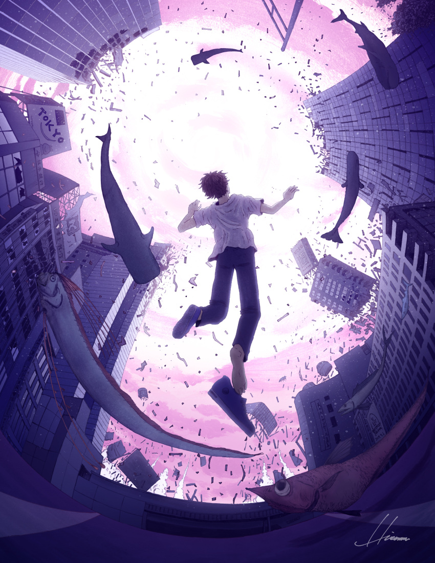 1boy black_hair building clouds cloudy_sky destruction floating from_behind highres hipy_(image_oubliees) oarfish original outdoors purple_sky shirt shoes short_hair short_sleeves signature single_shoe sky solo surreal whale white_shirt wide_shot
