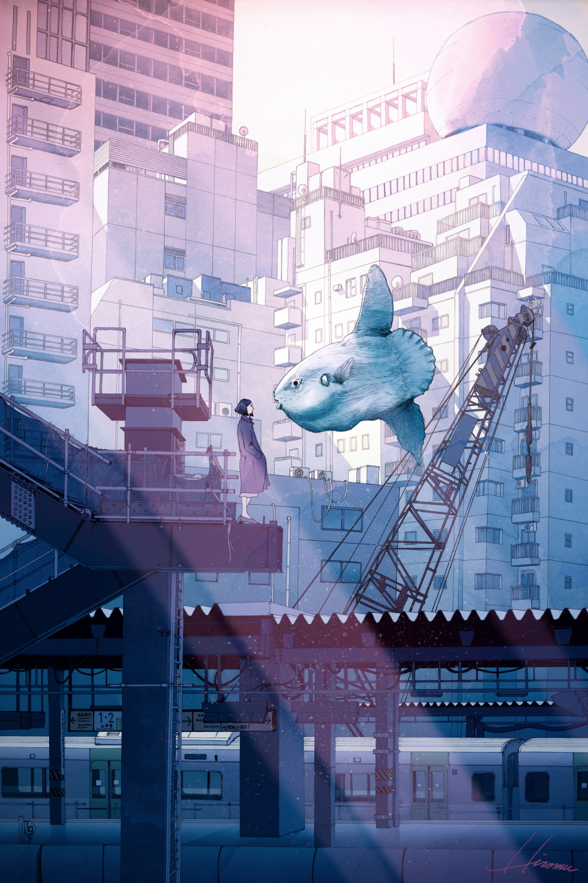 1girl absurdres animal black_coat black_hair building coat fish floating ground_vehicle highres hipy_(image_oubliees) ladder original oversized_animal profile shadow short_hair signature solo standing sunfish surreal train wide_shot
