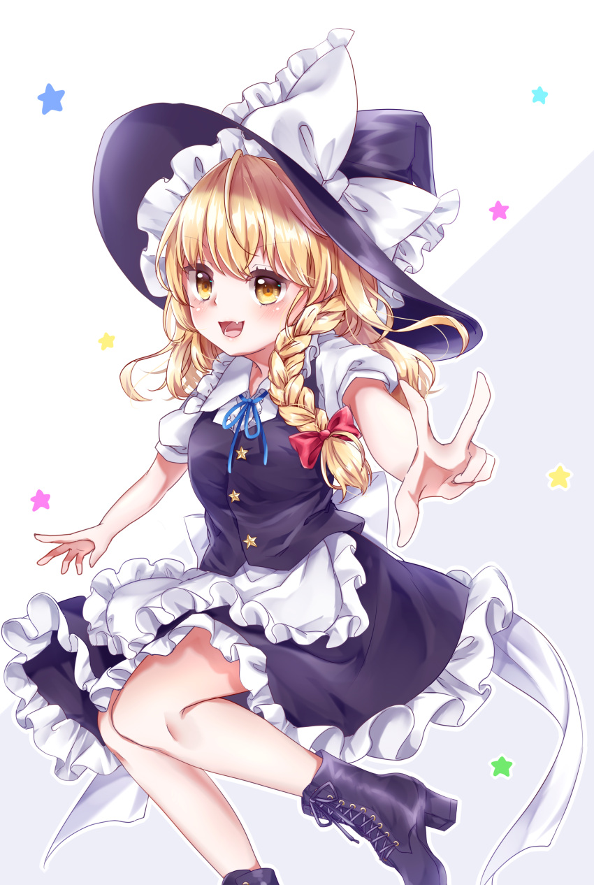 1girl :d absurdres apron bangs black_dress blue_neckwear blue_ribbon blush boots bow braid breasts buttons commentary_request dress eyebrows_visible_through_hair fang foot_out_of_frame foreshortening frills grey_background hair_bow hair_ribbon hat hat_bow high_heels highres kirisame_marisa looking_at_viewer open_mouth puffy_short_sleeves puffy_sleeves red_bow ribbon short_sleeves side_braid simple_background skin_fang small_breasts smile solo star_(symbol) starry_background touhou tress_ribbon two-tone_background v waist_apron white_apron white_background white_bow witch_hat yuria_(kittyluv)