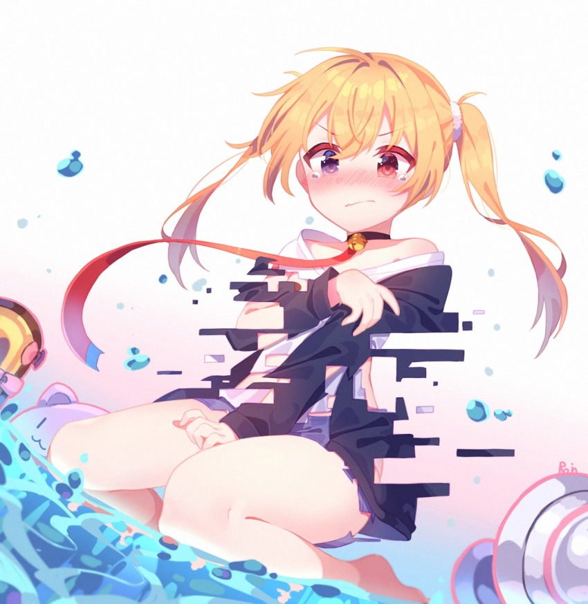 1girl artist_name bangs bare_shoulders barefoot bell between_legs blonde_hair blue_eyes blush choker closed_mouth covering covering_breasts covering_crotch daten_tsubasa digital_dissolve dissolving_clothes dolphin_shorts embarrassed eyebrows_visible_through_hair glitch hair_between_eyes hair_tie hand_between_legs heterochromia highres holding_own_arm indie_virtual_youtuber kneeling long_hair long_sleeves looking_at_viewer neck_bell red_eyes roin shirt shorts simple_background tearing_up thighs twintails virtual_youtuber white_shirt