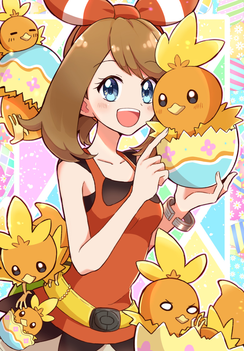 1girl :d bangs blue_eyes blush bow_hairband bracelet brown_hair collarbone easter egg eyebrows_visible_through_hair eyelashes fanny_pack gen_3_pokemon hairband haru_(haruxxe) highres jewelry looking_at_viewer may_(pokemon) open_mouth pointing pokemon pokemon_(creature) pokemon_(game) pokemon_oras shirt sleeveless sleeveless_shirt smile starter_pokemon torchic