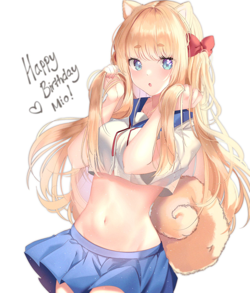 1girl :o animal_ears blonde_hair blue_eyes blue_skirt bow breasts cowboy_shot crop_top crop_top_overhang drawstring groin hair_bow hands_up happy_birthday highres holding holding_hair kagefumi long_hair looking_at_viewer medium_breasts midriff miniskirt navel original parted_lips pleated_skirt sailor_collar school_uniform serafuku shirt short_sleeves simple_background skirt solo stomach tail thick_eyebrows two_side_up very_long_hair white_background white_shirt
