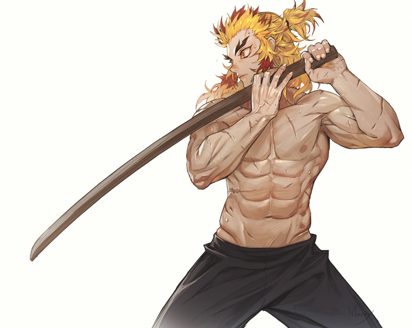 1boy abs black_pants blonde_hair highres holding holding_sword holding_weapon kimetsu_no_yaiba long_hair male_focus morry multicolored_hair muscular muscular_male pants parted_lips ponytail redhead rengoku_kyoujurou scar scar_on_chest shirtless simple_background solo sweat sword thick_eyebrows veins weapon white_background wooden_sword yellow_eyes