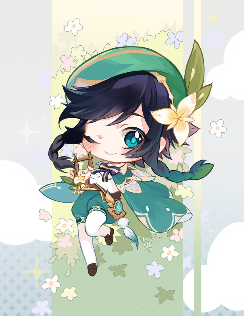 1boy androgynous bangs beret black_hair blue_hair blush bow braid cape chibi closed_mouth collared_cape collared_shirt commentary_request corset eyebrows_visible_through_hair feathers floral_background flower frilled_sleeves frills full_body genshin_impact gradient_hair green_eyes green_headwear green_shorts hair_flower hair_ornament hat highres holding holding_instrument instrument leaf lonely_nine long_sleeves looking_at_viewer lyre male_focus multicolored_hair one_eye_closed pantyhose shirt shoes short_hair_with_long_locks shorts simple_background smile solo symbol_commentary twin_braids venti_(genshin_impact) vision_(genshin_impact) white_flower white_legwear white_shirt