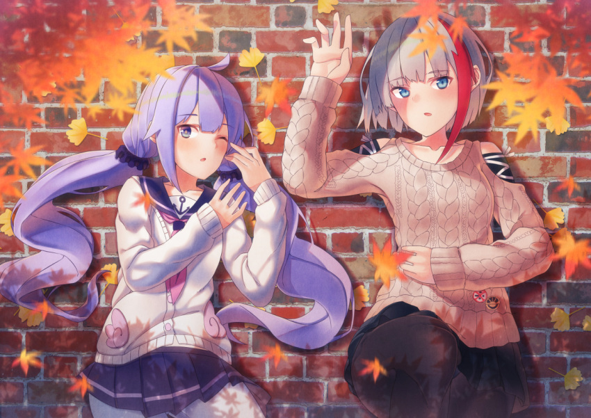 2girls admiral_graf_spee_(azur_lane) admiral_graf_spee_(daily_peaceful_life)_(azur_lane) aran_sweater autumn_leaves azur_lane badge black_legwear black_sailor_collar black_scrunchie black_skirt blue_eyes brown_sweater button_badge cardigan clothing_cutout eyebrows_visible_through_hair grey_hair hair_ornament hair_scrunchie leaf leaf_on_head looking_at_viewer low_twintails lying maple_leaf medium_hair multicolored_hair multiple_girls no_tail official_alternate_costume on_back pantyhose pink_neckwear pleated_skirt purple_hair purple_skirt redhead sailor_collar scrunchie shoulder_cutout skirt streaked_hair sweater ten. twintails unicorn_(amusement_park_date)_(azur_lane) unicorn_(azur_lane) violet_eyes white_cardigan white_legwear