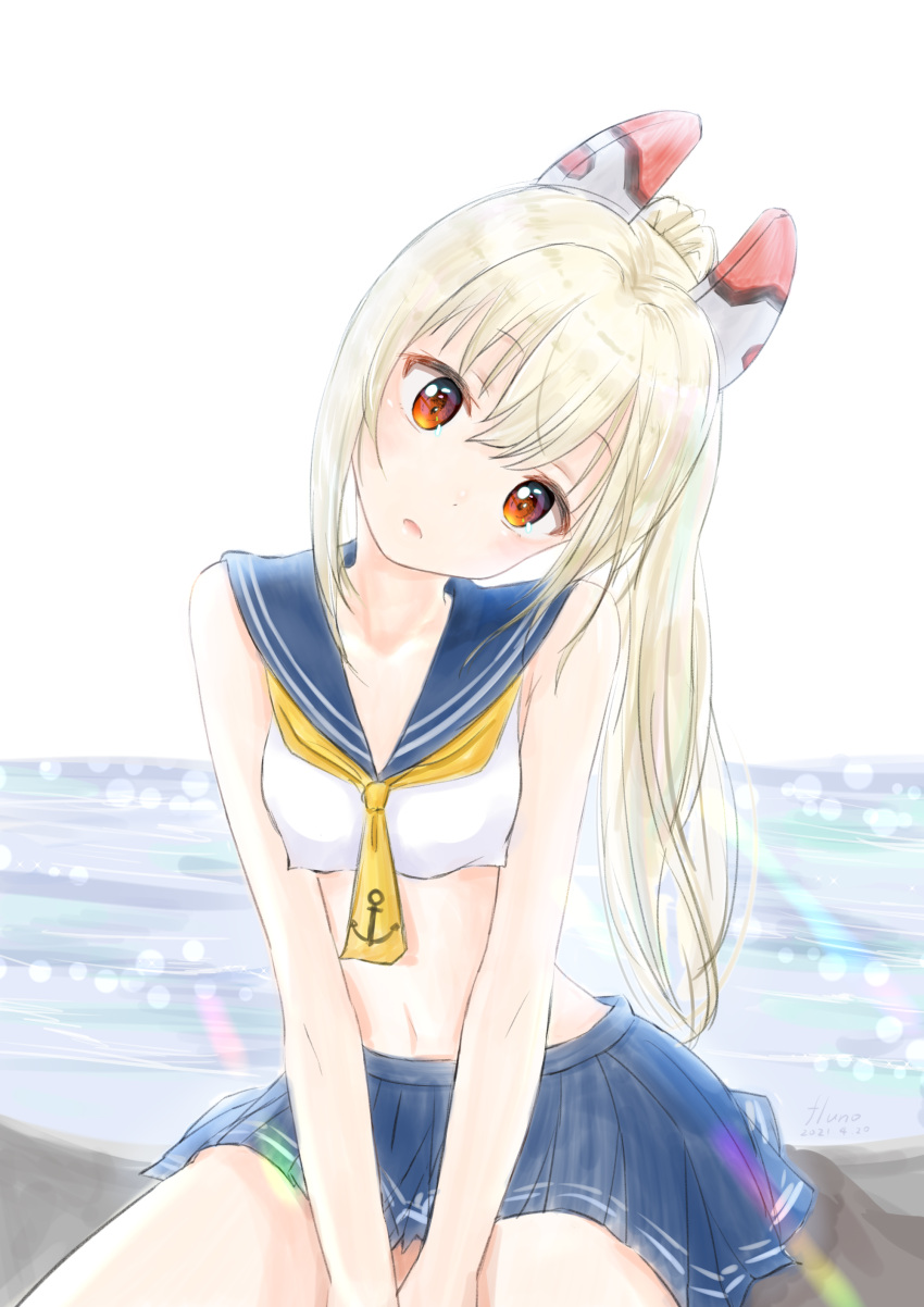 1girl absurdres anchor_symbol ayanami_(azur_lane) azur_lane bangs beach blue_skirt collarbone commentary_request eyebrows_visible_through_hair eyes_visible_through_hair fluno head_tilt headgear highres horizon long_hair looking_at_viewer midriff navel ocean orange_eyes parted_lips pleated_skirt ponytail school_uniform serafuku sidelocks silver_hair sitting skirt solo v_arms