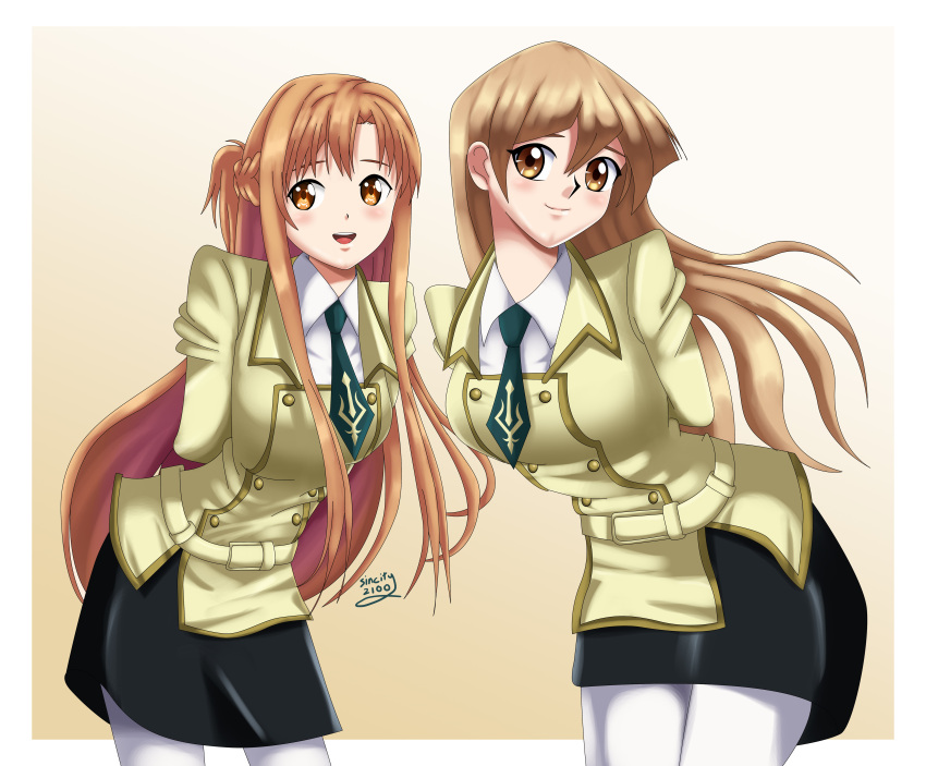 arms_behind_back asuna_(sao) black_skirt blonde_hair blush brown_eyes brown_hair code_geass crossover cute gradient_background happy leaning_forward long_hair looking_at_viewer necktie school_uniform sincity2100 skirt smile sword_art_online tenjouin_asuka yellow_eyes yellow_jacket yu-gi-oh! yuu-gi-ou yuu-gi-ou_gx yuuki_asuna