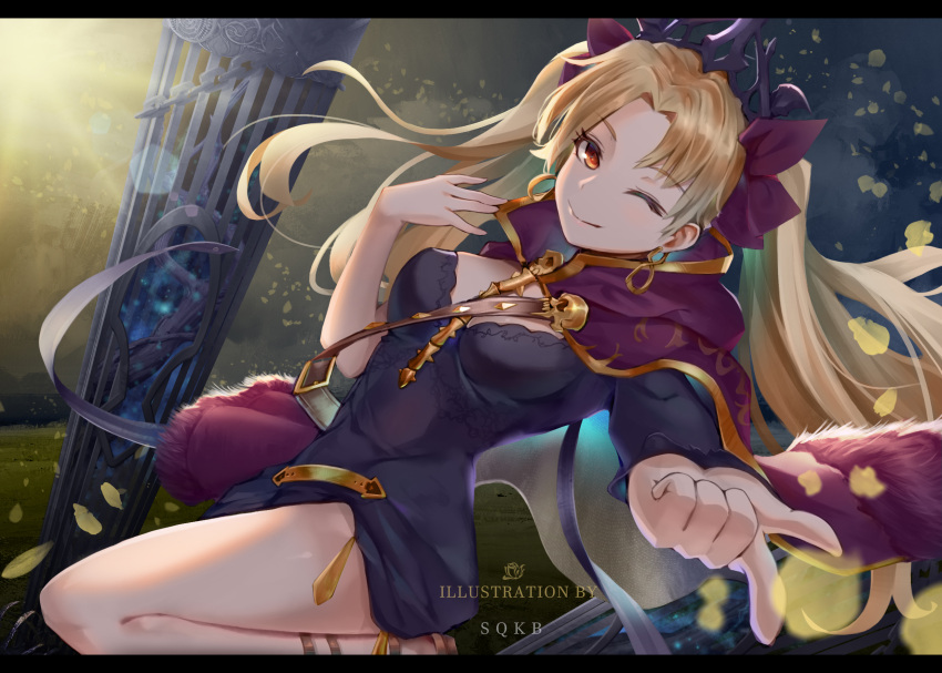 1girl black_dress blonde_hair breasts capelet cloak crown dress earrings ereshkigal_(fate) fate/grand_order fate_(series) hair_ornament hair_ribbon highres jewelry long_hair necklace one_eye_closed petals reaching_out red_eyes ribbon shi_qi_kuang_beng solo twintails