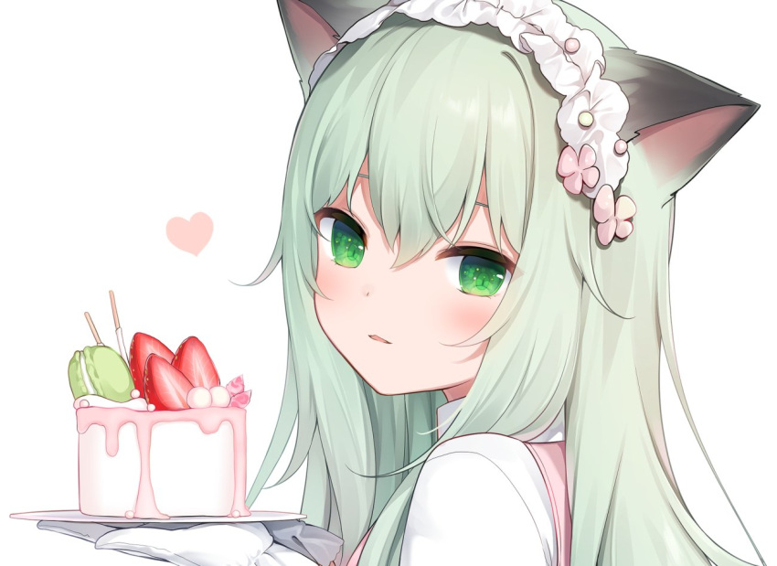 1girl amashiro_natsuki animal_ears bangs blonde_hair blush cat_ears flower food frilled_hairband frills from_side fruit gloves green_eyes hair_flower hair_ornament hairband heart holding holding_tray long_hair looking_at_viewer looking_to_the_side original parfait parted_lips shiny shiny_hair shirt simple_background smile solo strawberry symbol_commentary tray white_background white_gloves white_shirt