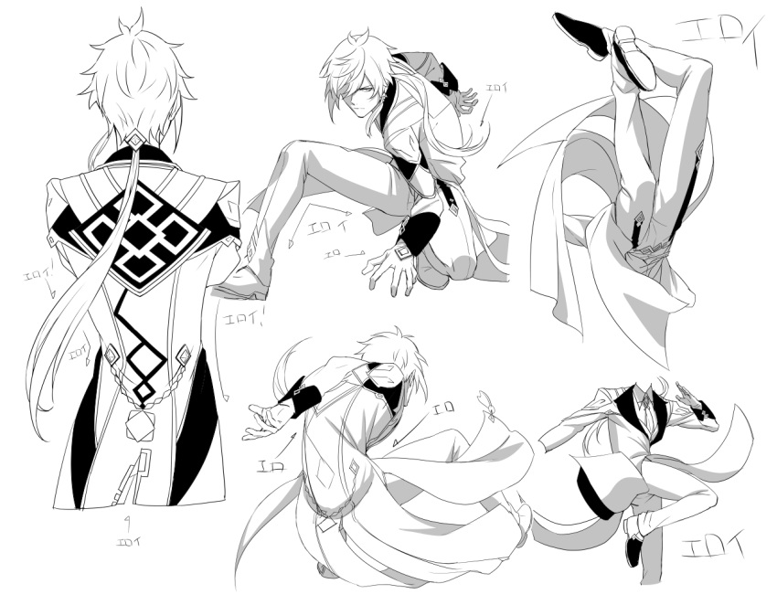1boy bangs closed_mouth crossed_arms genshin_impact gloves gnsnrkgk greyscale hair_between_eyes jacket jewelry leg_up long_hair long_sleeves male_focus monochrome multiple_views one_knee pants ponytail simple_background single_earring sketch translation_request zhongli_(genshin_impact)