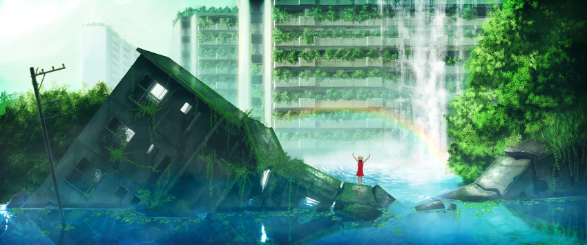 1girl arms_up building dress highres hipy_(image_oubliees) leaf original plant rainbow red_dress reflection ruins scenery solo very_wide_shot water waterfall