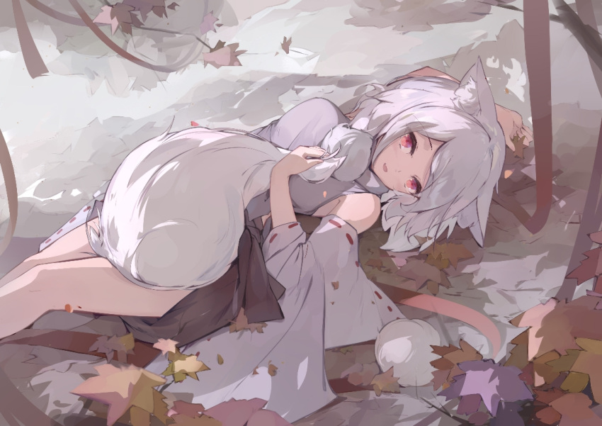 1girl animal_ear_fluff animal_ears autumn_leaves bare_shoulders black_skirt breasts detached_sleeves eyebrows_visible_through_hair inubashiri_momiji large_breasts looking_at_viewer lying milk_(pixiv45069038) nature open_mouth outdoors pom_pom_(clothes) red_eyes ribbon-trimmed_sleeves ribbon_trim shirt short_hair silver_hair skirt sleeveless sleeveless_shirt solo tail touhou turtleneck white_shirt wolf_ears wolf_tail