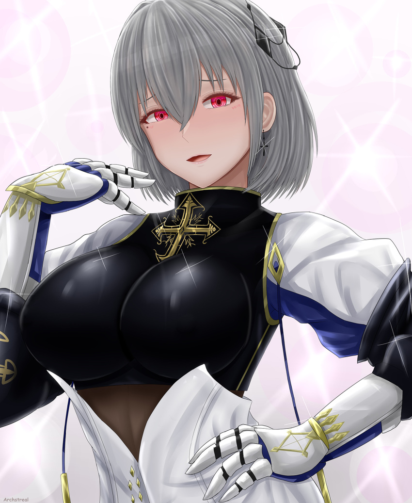 1girl archstreal azur_lane black_bodysuit blush bodysuit breasts cross cross_earrings dress earrings eyebrows_visible_through_hair gauntlets grey_hair hand_on_hip hand_up highres jewelry large_breasts looking_at_viewer mole mole_under_eye open_mouth saint-louis_(azur_lane) short_hair simple_background solo violet_eyes