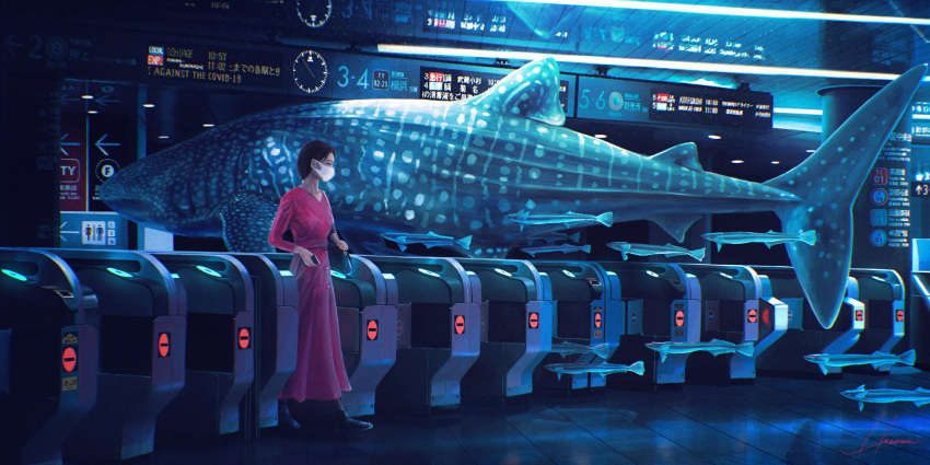1girl black_footwear black_hair dress fish highres hipy_(image_oubliees) indoors long_sleeves mask mouth_mask original profile red_dress reflection shark shoes short_hair sign solo standing whale_shark white_mask wide_shot