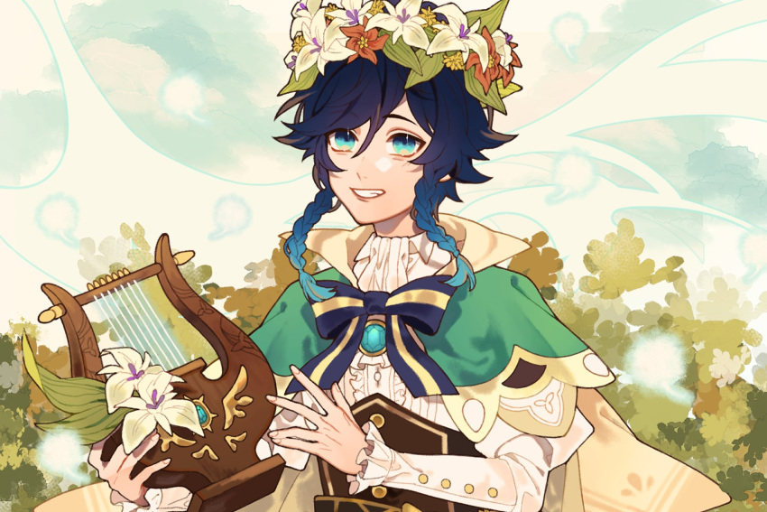 1boy androgynous bangs black_hair blue_hair bow braid brooch cape clouds cloudy_sky collared_cape collared_shirt corset dandelion_seed day eyebrows_visible_through_hair flower frilled_sleeves frills gem genshin_impact gradient_hair green_eyes grin highres holding holding_instrument instrument jewelry leaf long_sleeves looking_at_viewer lyre male_focus misu_025 multicolored_hair open_mouth outdoors red_flower shirt short_hair_with_long_locks sky smile solo symbol_commentary teeth twin_braids venti_(genshin_impact) white_flower white_shirt wreath