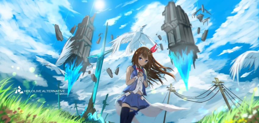 1girl artist_name bird blue_eyes blue_legwear blue_skirt blue_sky brown_hair clouds cloudy_sky copyright_name drago39r floating floating_object grass hair_ornament highres hololive hololive_alternative looking_at_viewer outdoors pillar planted_sword planted_weapon skirt sky sleeveless smile solo star_(symbol) star_hair_ornament sword thigh-highs tokino_sora utility_pole weapon