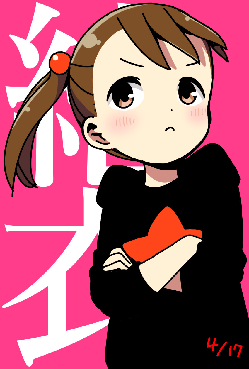 1girl akamatsu_yui background_text bangs black_shirt blush brown_eyes brown_hair closed_mouth commentary_request crossed_arms dated dot_nose frown hair_bobbles hair_ornament highres katsuwo_(cr66g) long_sleeves looking_to_the_side mitsuboshi_colors pink_background shirt side_ponytail solo star_(symbol) star_print translation_request
