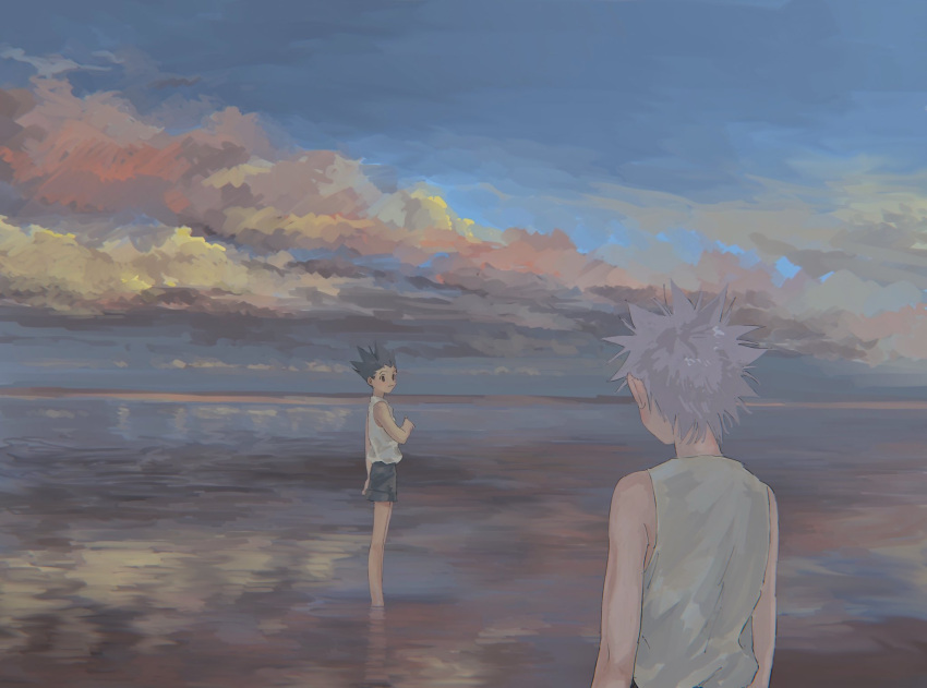 2boys black_hair black_shorts clouds evening gon_freecss grey_hair highres hunter_x_hunter killua_zoldyck male_focus multiple_boys outdoors partially_submerged reflection scenery shorts sky spiky_hair standing tank_top toripippi_7 water white_tank_top